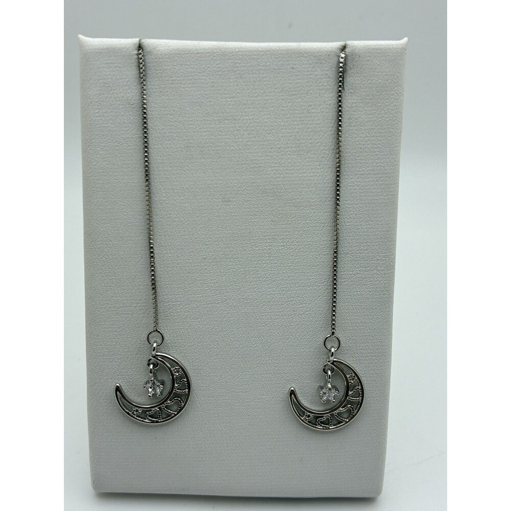 925 Sterling Silver Plated Moon Star CZ Ear Thread Through Earrings